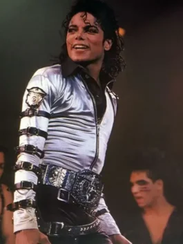 Michael Jackson Silver Bad Era Jacket in silver satin featuring shirt style collar, zipper closure, belt strap sleeves and open hem cuffs