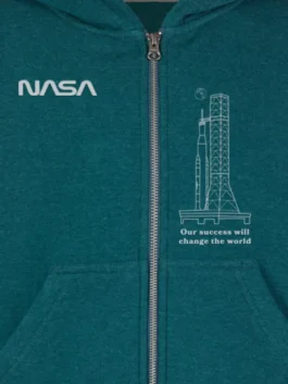 NASA Worm Logo ARTEMIS Launch System Youth Jacket in bold fleece with a hooded collar, kangaroo pockets and the iconic NASA ARTEMIS Launch System graphic.