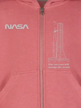 NASA Worm Logo ARTEMIS Launch System Youth Jacket in pink fleece with a hooded collar and bold NASA ARTEMIS Launch System graphic for young space fans.