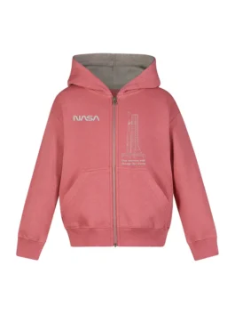 NASA Worm Logo ARTEMIS Launch System Youth Jacket front view in soft fleece with a hooded collar and bold NASA ARTEMIS worm logo graphic detailing throughout.