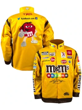 Kyle Busch Joe Gibbs Yellow M&Ms Nascar Jacket featuring a professional snap tab button closure and luxury finish.