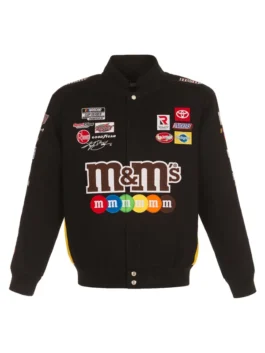 Nascar M&Ms Kyle Busch JH Design Black Jacket highlighting professional pocket architecture and luxury stand up collar.