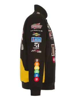 Nascar M&Ms Kyle Busch JH Design Black Jacket right view showcasing professional sleeve graphics and luxury rib knitted cuffs.