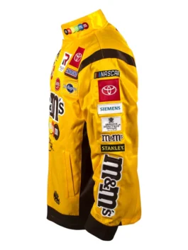 Kyle Busch Joe Gibbs Yellow M&Ms Nascar Jacket left view showcasing professional sleeve graphics and luxury cuffs.