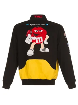 Nascar M&Ms Kyle Busch JH Design Black Jacket back view highlighting professional character graphics and luxury alignment.