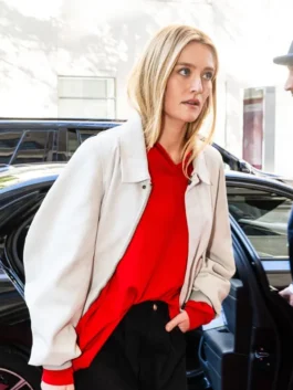 NYC 2026 Sarah Pidgeon White Wool Jacket as seen in New York City 2026 in bold white wool with a shirt collar and a sharp zip-up everyday athletic silhouette.