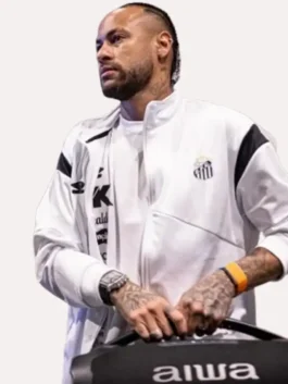 Santos FC Neymar White Track Jacket front view in clean white fleece with a stand up collar, zipper closure and Neymar's sharp Santos FC everyday athletic build.