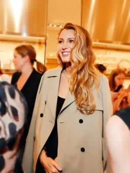 NYC 2026 Blake Lively Trench Coat in soft light olive green cotton with a sharp lapel collar and Blake Lively's commanding effortless NYC 2026 street presence.