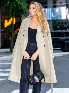 NYC 2026 Blake Lively Trench Coat in light olive green cotton with a lapel collar, button closure and Blake Lively's effortlessly bold NYC 2026 outerwear style.
