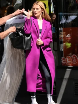NYC 2026 Sarah Pidgeon Purple Coat in rich purple wool with a lapel collar, button closure and Sarah Pidgeon's bold refined NYC 2026 everyday outerwear style.