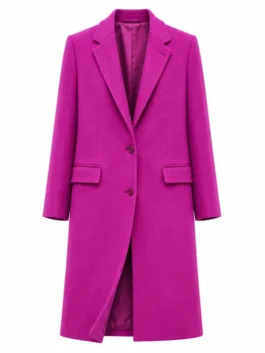 NYC 2026 Sarah Pidgeon Purple Coat front view in rich purple wool with a lapel collar and Sarah Pidgeon's bold and refined NYC 2026 everyday presence.