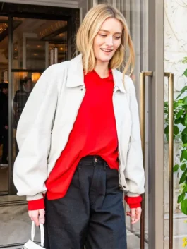 NYC 2026 Sarah Pidgeon White Wool Jacket in crisp white wool with a shirt style collar and Sarah Pidgeon's clean and confident NYC 2026 everyday presence.