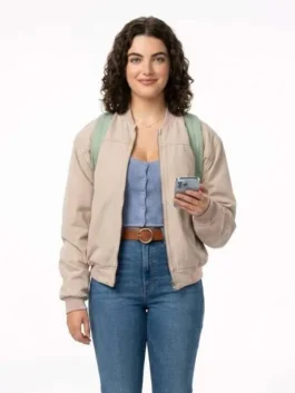 Off Campus Ella Bright Bomber Jacket featuring a professional zipper closure and luxury beige finish.