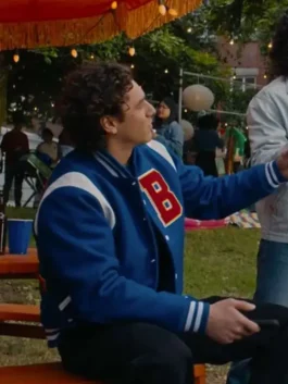 Off Campus Belmont Cameli Blue Varsity Jacket showcasing professional rib knitted cuffs and luxury full length sleeves.