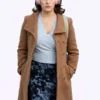 Off Campus Hannah Wells Brown Wool Coat highlighting professional pocket alignment and luxury long full length sleeves.