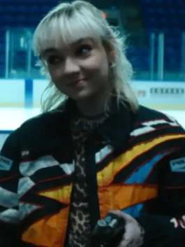 Off Campus Julia Sarah Stone Racing Jacket in bold black polyester with a shirt style collar, zipper closure and Julia Sarah Stone's fearless Off Campus presence.