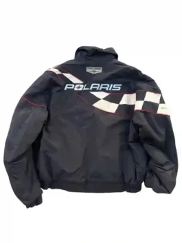 Off Campus Julia Sarah Stone Racing Jacket back view in sleek black polyester with a clean structured elastic hem and Julia's sharp Off Campus racing silhouette.