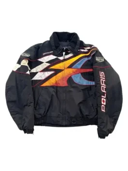 Off Campus Julia Sarah Stone Racing Jacket front view in sleek black polyester with a shirt collar and Julia's bold confident Off Campus racing presence.