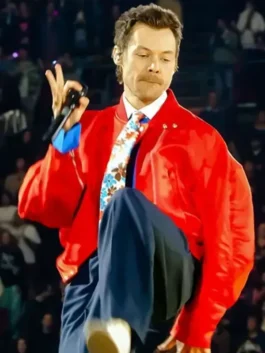 Together Together Tour Harry Styles Red Jacket from the 2026 opening night concert in bold red satin with a rib knitted collar and Harry's stage presence.