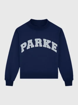 Parke Summerland Varsity Mockneck Sweatshirt in rich navy blue fleece with a round neck collar and Parke's bold Summerland varsity 2026 everyday presence.