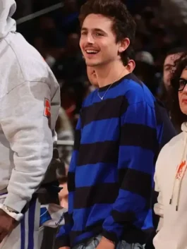 Timothee Chalamet 76ers v Knicks Sweatshirt in bold blue and black fleece as spotted courtside at the 76ers v Knicks with Timothee's effortless game day style.