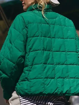 Pippa Packable Dark Green Puffer Jacket back view in rich dark green parachute with a stand up collar and a clean structured everyday puffer silhouette.