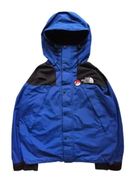 Pokemon x The North Face Mountain Jacket front view in bold polyester with a hooded collar and striking Pokémon x TNF collab mountain jacket detailing throughout.