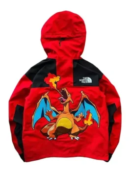 Pokemon x The North Face Mountain Jacket back view in bold polyester with striking Pokémon x TNF collab detailing and a clean hooded structured silhouette.