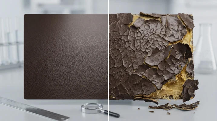 Comparison of healthy PU leather and damaged PU leather affected by hydrolysis, cracking, and peeling