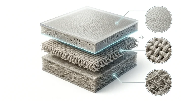 Layered construction of PU leather showing polyurethane surface coating, textile backing, and structural material layers
