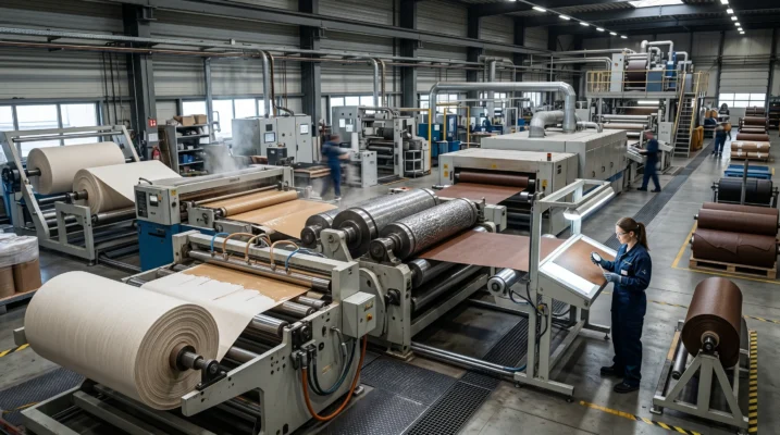 Industrial factory manufacturing PU leather using textile rolls, coating machines, and embossing equipment