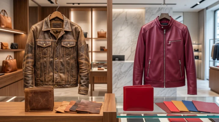 Side by side comparison of genuine leather and PU leather jackets showing differences in texture, aging, and appearance