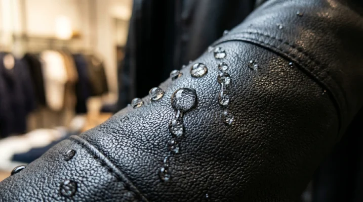 Water droplets beading on black PU leather surface demonstrating water resistant properties