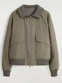 Riley Davis Off Campus Bomber Jacket front view in bold green cotton with a shirt collar and Riley Davis's sharp and confident Off Campus on-screen presence.