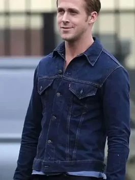 Front view of Ryan Gosling Drive Blue Denim Jacket with classic trucker style and indigo denim finish