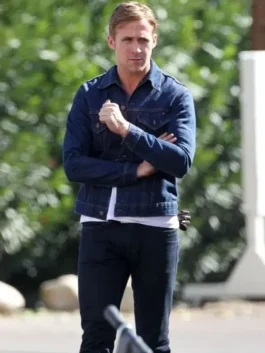 Ryan Gosling wearing Drive Blue Denim Jacket inspired by The Driver character in the 2011 film