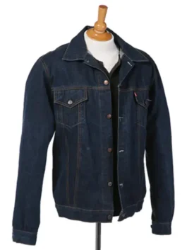 Main front view of Ryan Gosling Drive Blue Denim Jacket with classic shirt collar and denim trucker fit