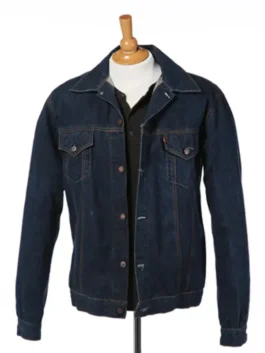 Display view of Ryan Gosling Drive Blue Denim Jacket with buttoned front and indigo denim texture