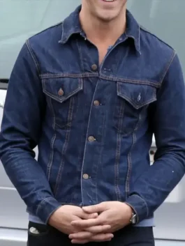 Ryan Gosling Drive Blue Denim Jacket with dark blue denim finish and casual outdoor styling