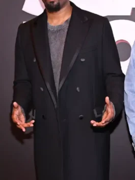 Scary Movie 6 Event Shawn Wayans Long Coat front view in bold black cotton with a lapel collar and Shawn Wayans's sharp commanding Scary Movie 6 event build.