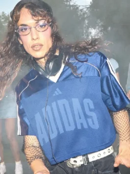 Sophie Xeon Adidas Stadium Mesh T Shirt Airtex edition in bold navy blue polyester with a V neck collar and Sophie Xeon's sharp stadium mesh pullover presence.