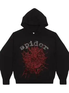 Sp5der OG Rhinestone Black Hoodie in rich black fleece with OG rhinestone detailing, rib knitted cuffs and a bold clean hooded pullover everyday streetwear build.