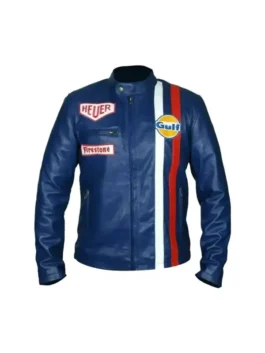 Steve McQueen Le Mans Gulf Racing Blue Jacket in professional blue genuine leather with an erect collar.