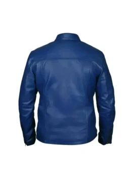 Steve McQueen Le Mans Gulf Racing Blue Jacket back view highlighting professional racing stripes and luxury finish.