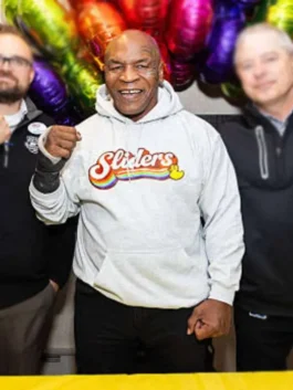 Mike Tyson Rainbow Sliders Hoodie from Sugar Factory in bold grey fleece with a hooded collar and Mike Tyson's iconic Rainbow Sliders everyday presence.
