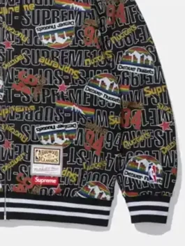 Supreme x Mitchell & Ness Nuggets Black Hoodie for sale in sleek black fleece with bold Denver Nuggets text print and Supreme's sharp hooded zip-up collab design.