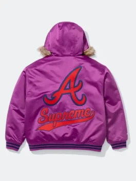 Supreme x Mitchell Ness Atlanta Braves Hoodie back view in bold purple satin with striking Braves collab detailing and a clean rib knitted hem silhouette.