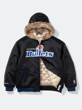 Supreme x Mitchell & Ness Bullets Hoodie front view in sleek black satin with a hooded collar, zipper closure and bold Washington Bullets collab detailing.