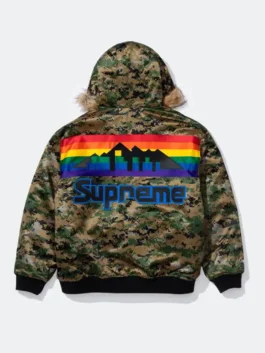 Supreme x Mitchell & Ness Nuggets Camo Hoodie back view in bold camo parachute with striking Denver Nuggets collab detailing and a clean rib knitted hem.