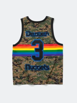 Supreme x Mitchell & Ness Nuggets Jersey back view in bold camo polyester with striking Denver Nuggets collab detailing and a clean sleeveless pullover silhouette.